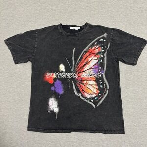 Adika Mens‎ Butterfly Graphic T-Shirt Acid Wash Black Streetwear Size Medium